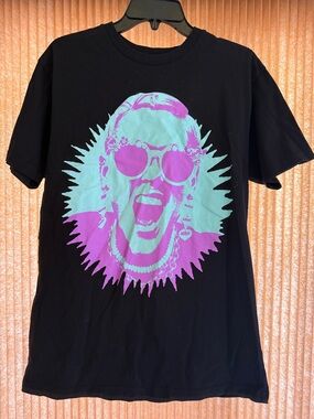 PINK Summer Carnival 2024 Black Graphic Tee with Teal & Purple Pop-Art Face